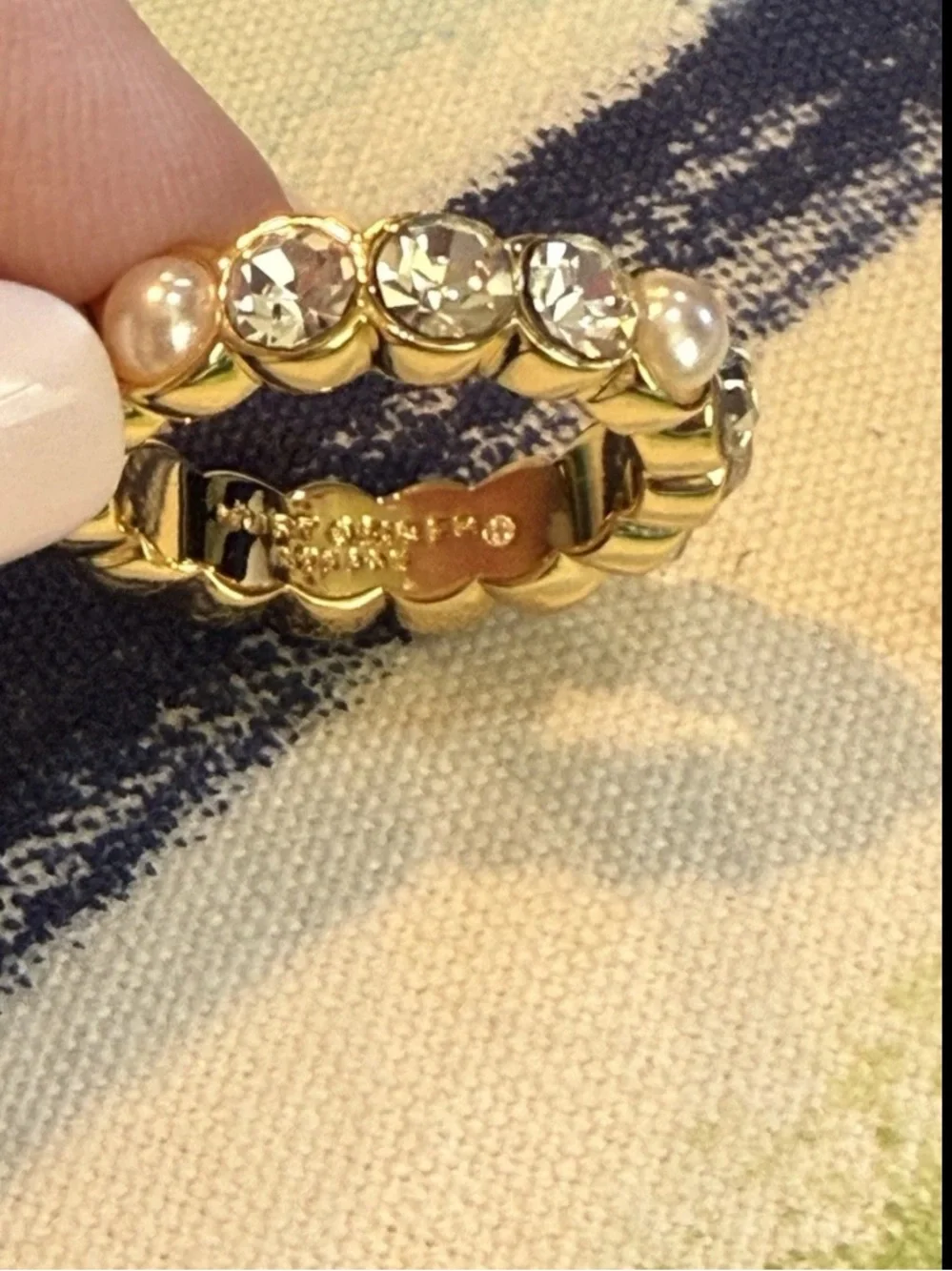 NEW KURT GEIGER LONDON Faux Pearl Crystal Goldtone Band Ring, Size 7 or 8